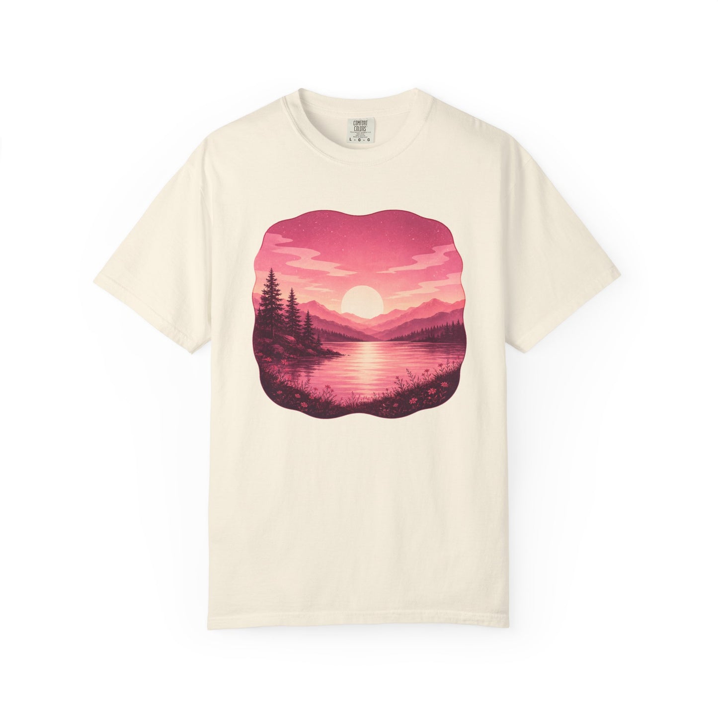Feminine Lakescape Sunset T-shirt — Pink Outdoor Hiking & Camping Tee