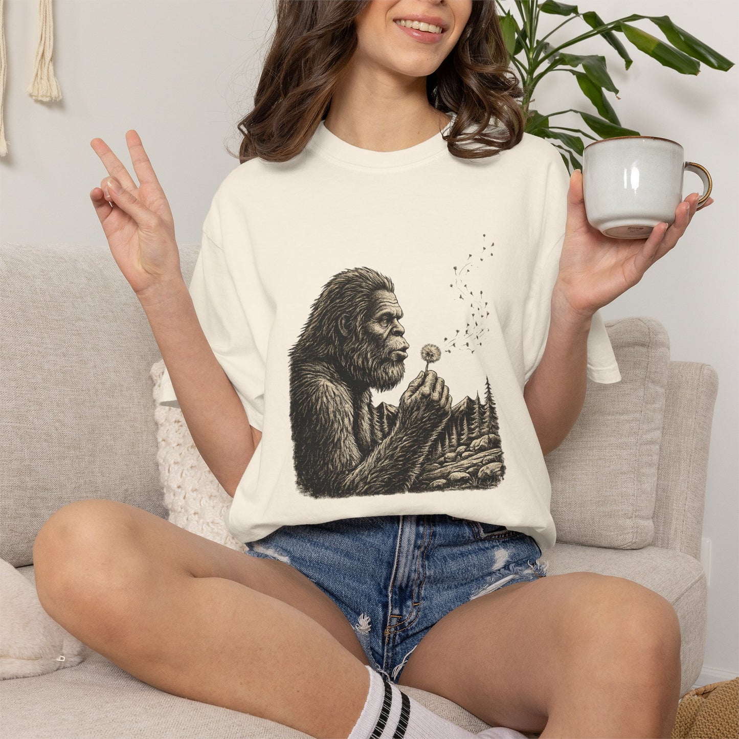 Bigfoot Blowing Dandelion Wish T-Shirt — Sasquatch Hiking Camper Tee