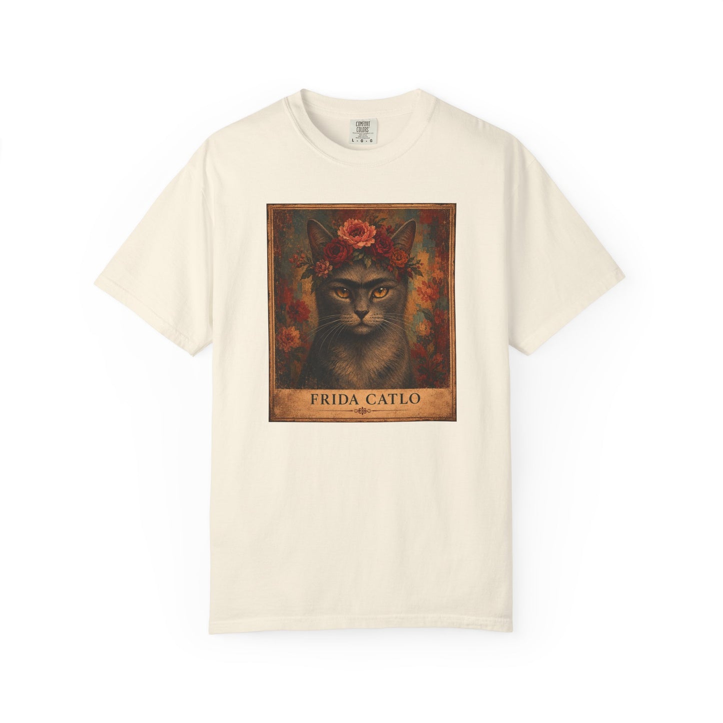 Frida Catlo Art Parody T-Shirt — Funny Frida Kahlo Cat with Flower Crown
