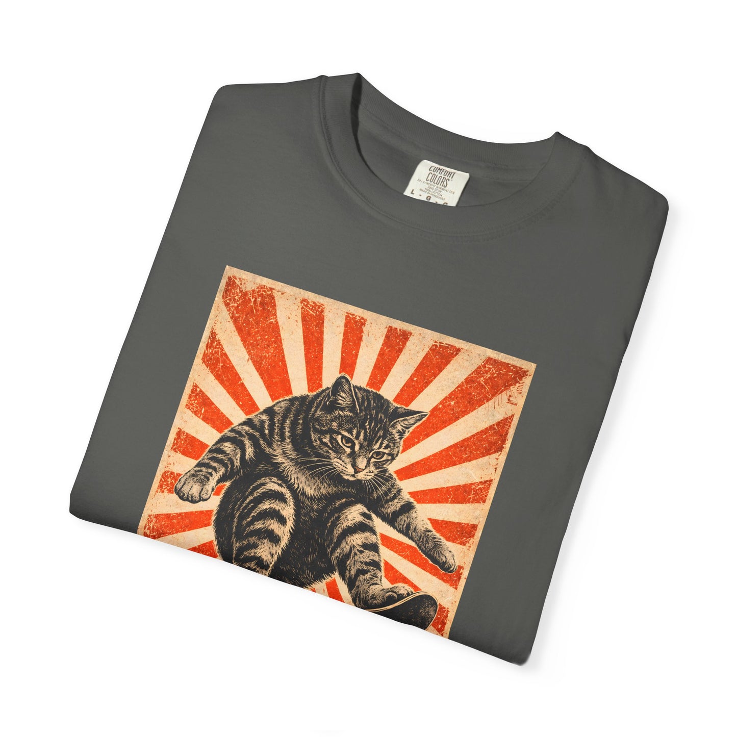 Skateboarding Cat Graphic T-Shirt | Retro Sunburst Skateboard Tee