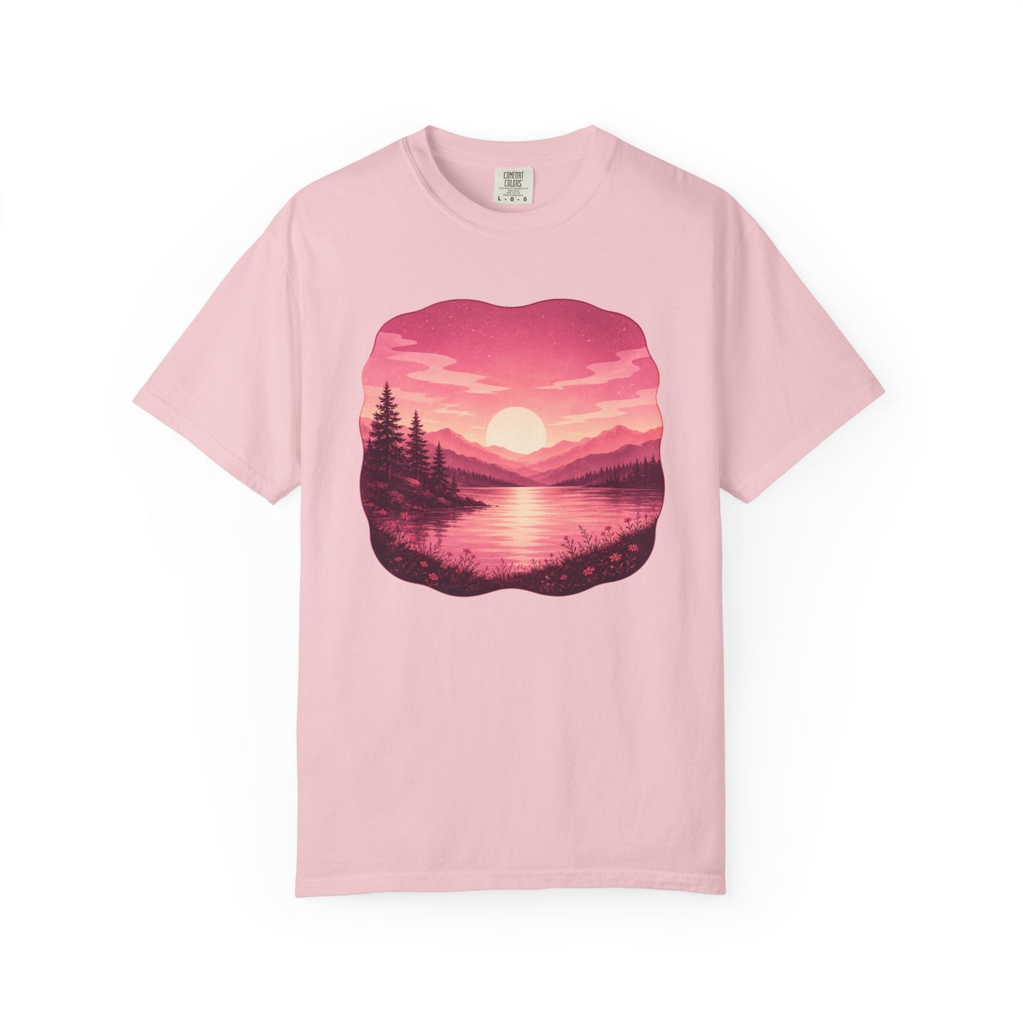 Feminine Lakescape Sunset T-shirt — Pink Outdoor Hiking & Camping Tee