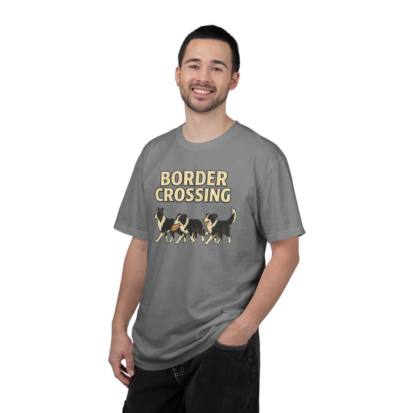 Vintage Graphic Border Collie 'Border Crossing' T-Shirt, Funny Gift for Border Collie and Dog Lovers