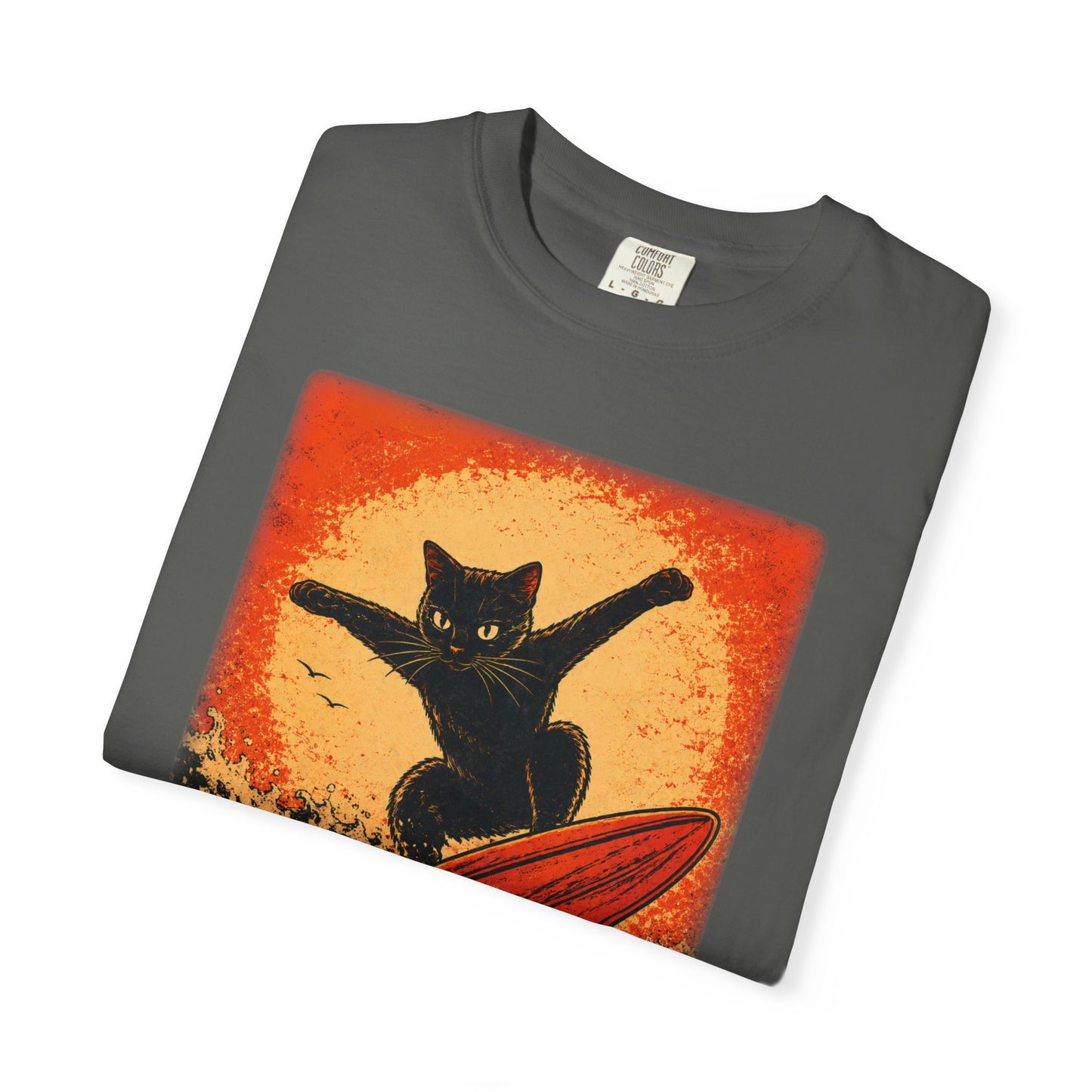 Retro Black Cat Surfing T-Shirt — Vintage Surf Poster Tee