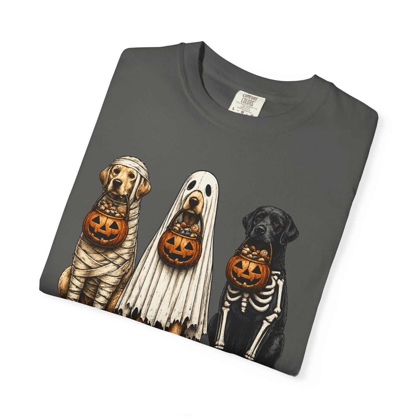 Halloween Dogs T-Shirt — Puppies in Costumes with Jack-O'-Lantern Candy Buckets