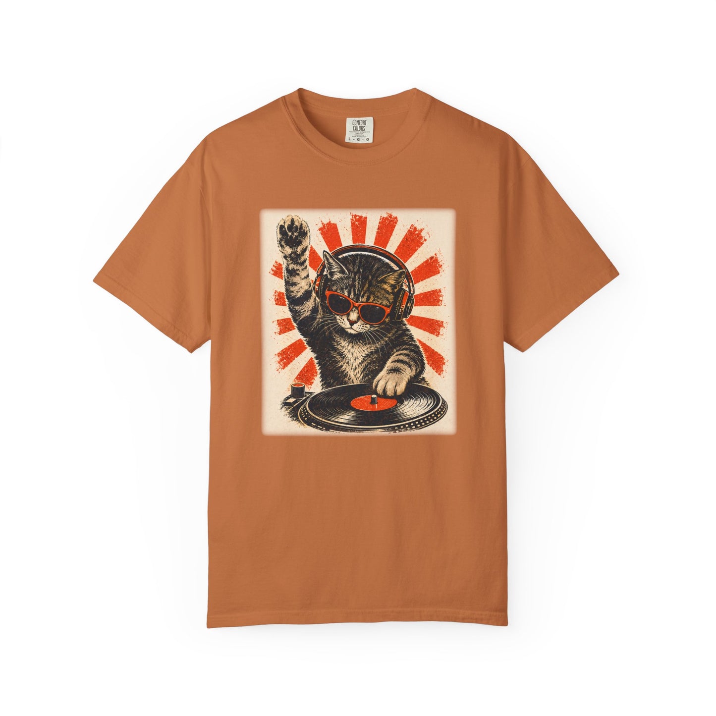 Retro DJ Cat T-Shirt — Vintage Sunburst Distressed Poster Design
