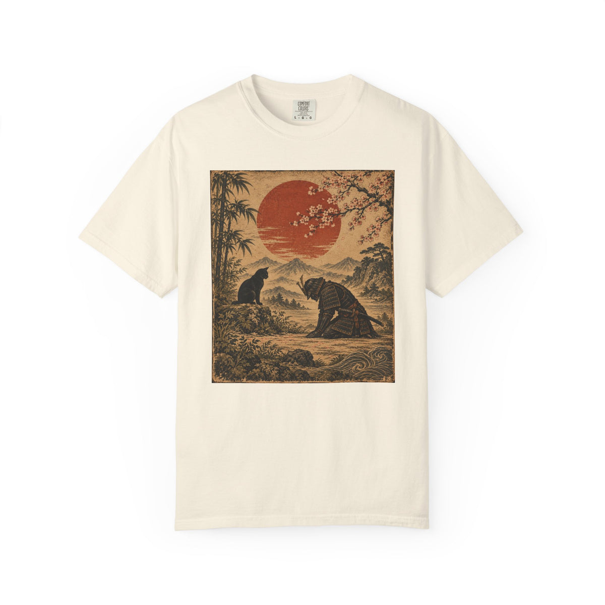 Vintage Japanese-Inspired Samurai & Black Cat Shirt Graphic Tee