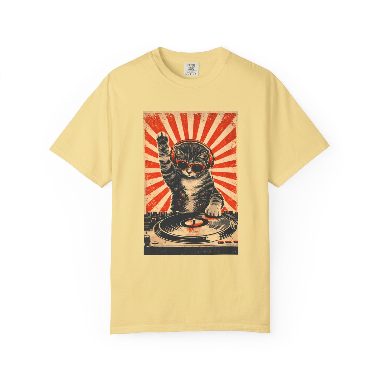 Retro DJ Cat T-Shirt — Vintage Sunburst Distressed Poster Design