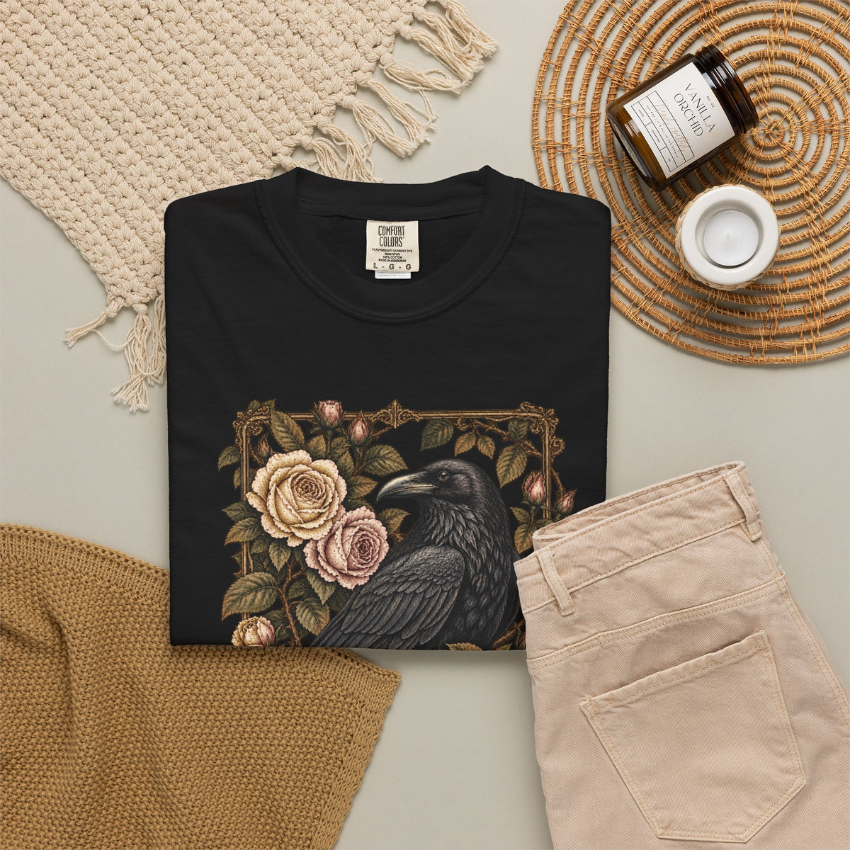 Raven & Roses Graphic T‑Shirt — Gothic Floral Botanical Vintage Tee