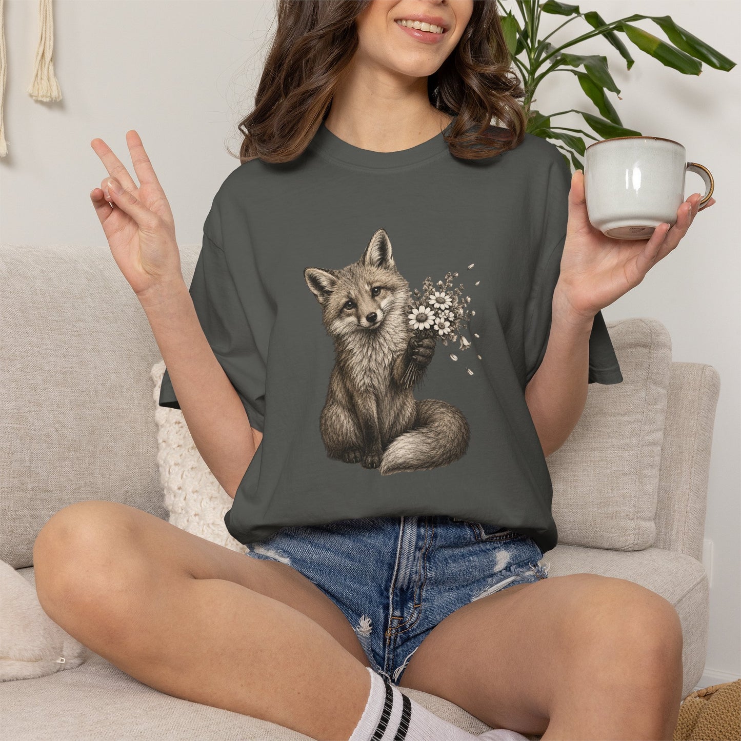 Cute Fox Holding Wildflower Bouquet T-Shirt — Gift, Nature Lover Tee, Woodland Animal Graphic Tee