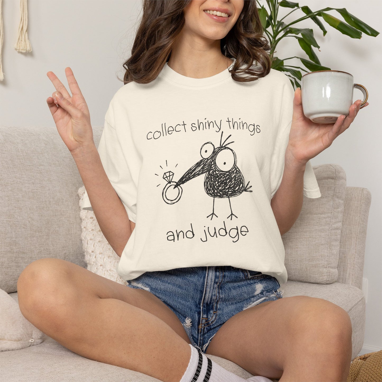 Collect Shiny Things and Judge Shirt | Funny Crow Shirt | Introvert Humor Tee | Weird Bird Graphic Shirt
