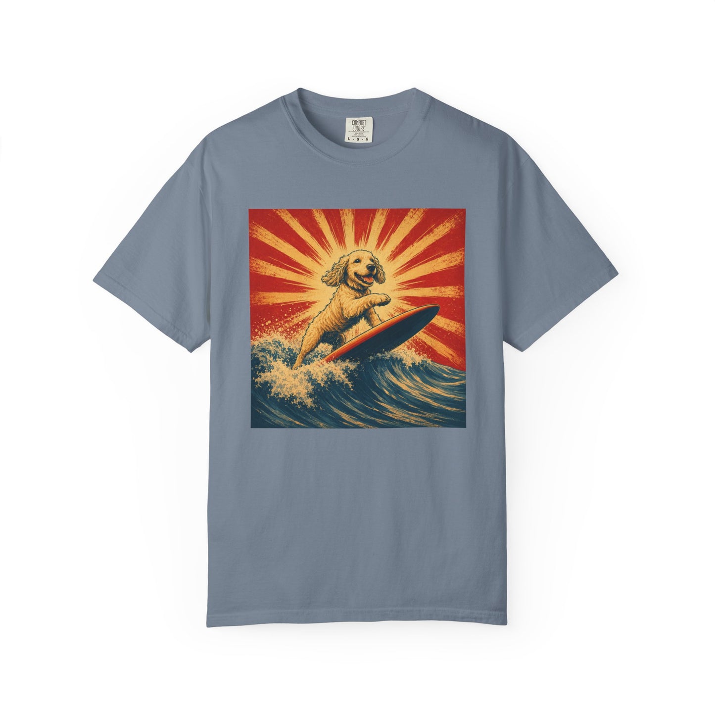 Retro Surfing Doodle Dog T-Shirt | Vintage Beach Dog Graphic Tee | Funny Coastal Summer Shirt