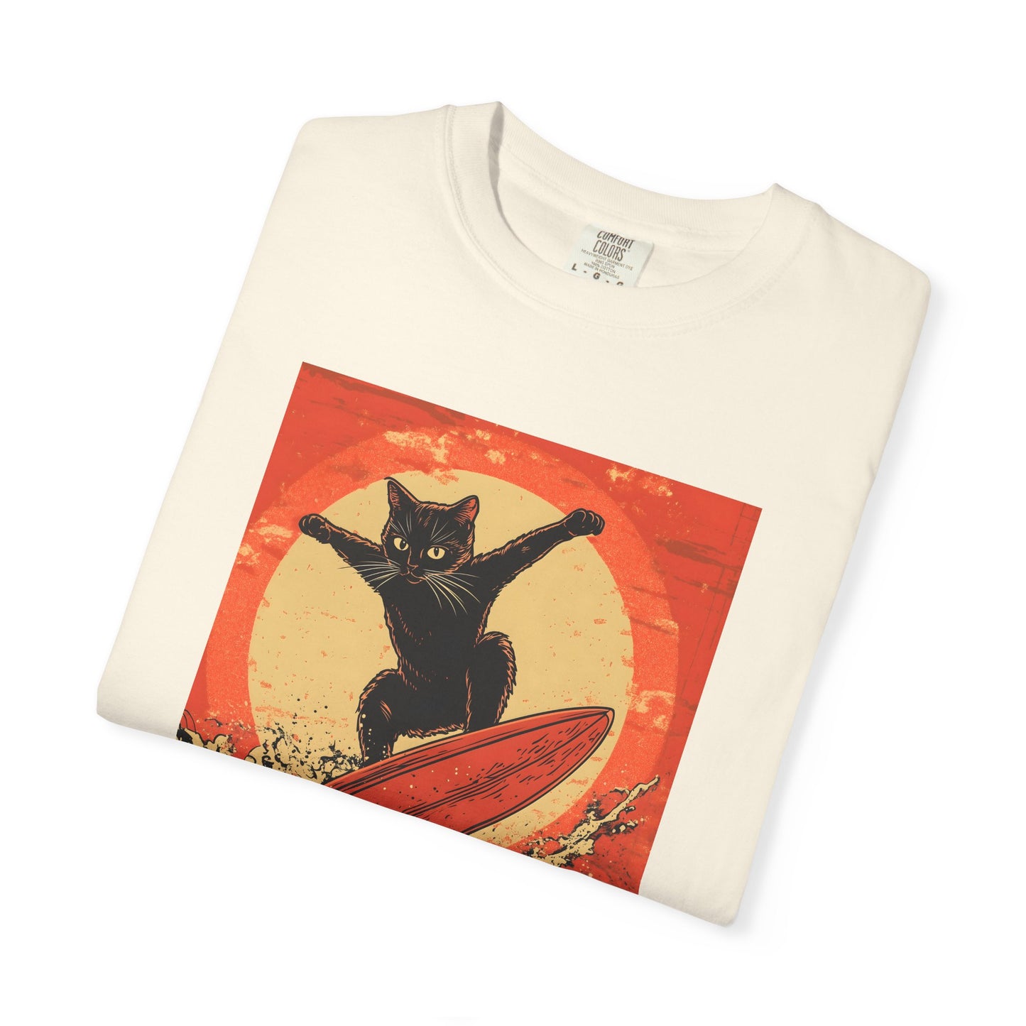 Retro Black Cat Surfing T-Shirt — Vintage Surf Poster Tee