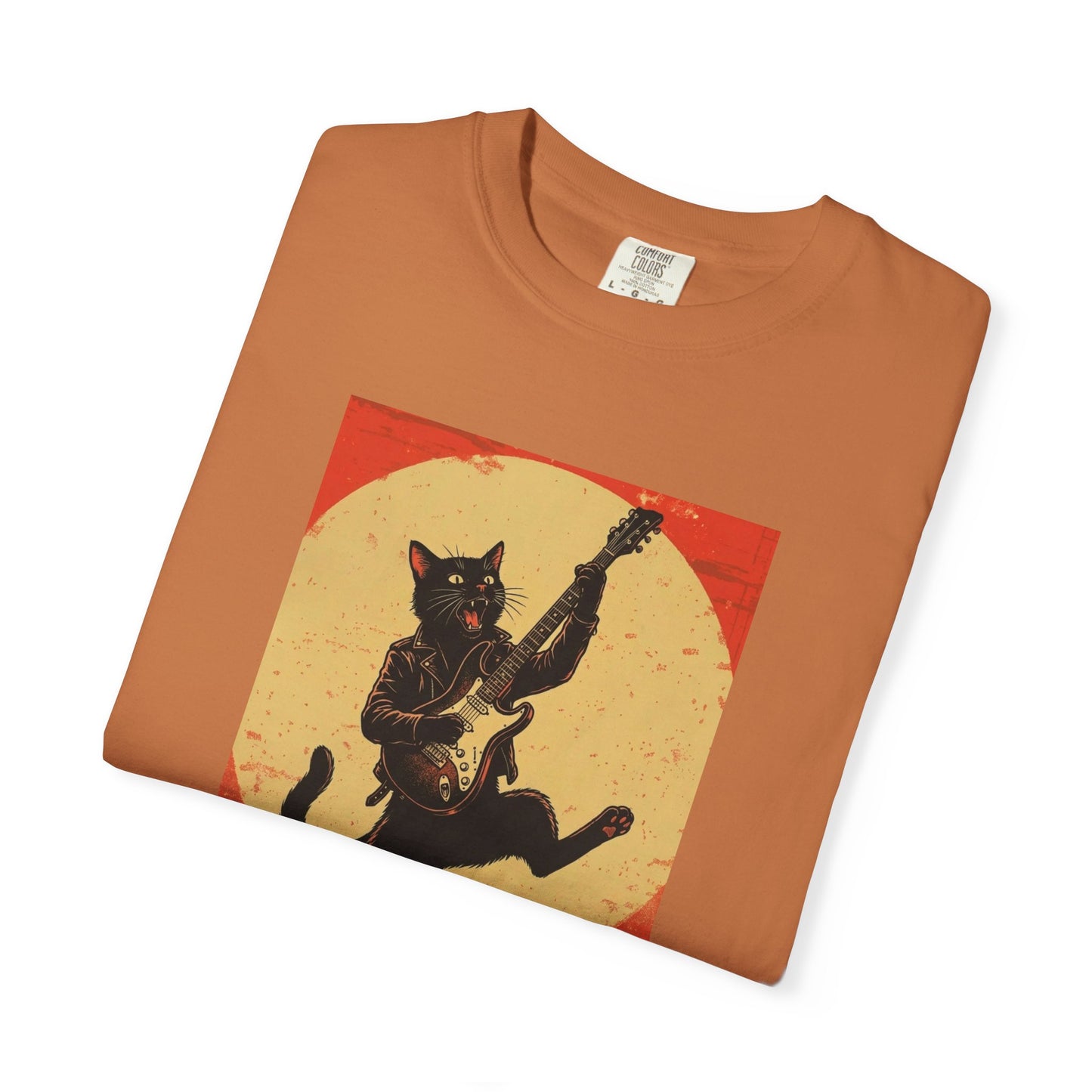 Retro Distressed Black Cat Rocker T-Shirt — Jumping Guitar Vintage Tee