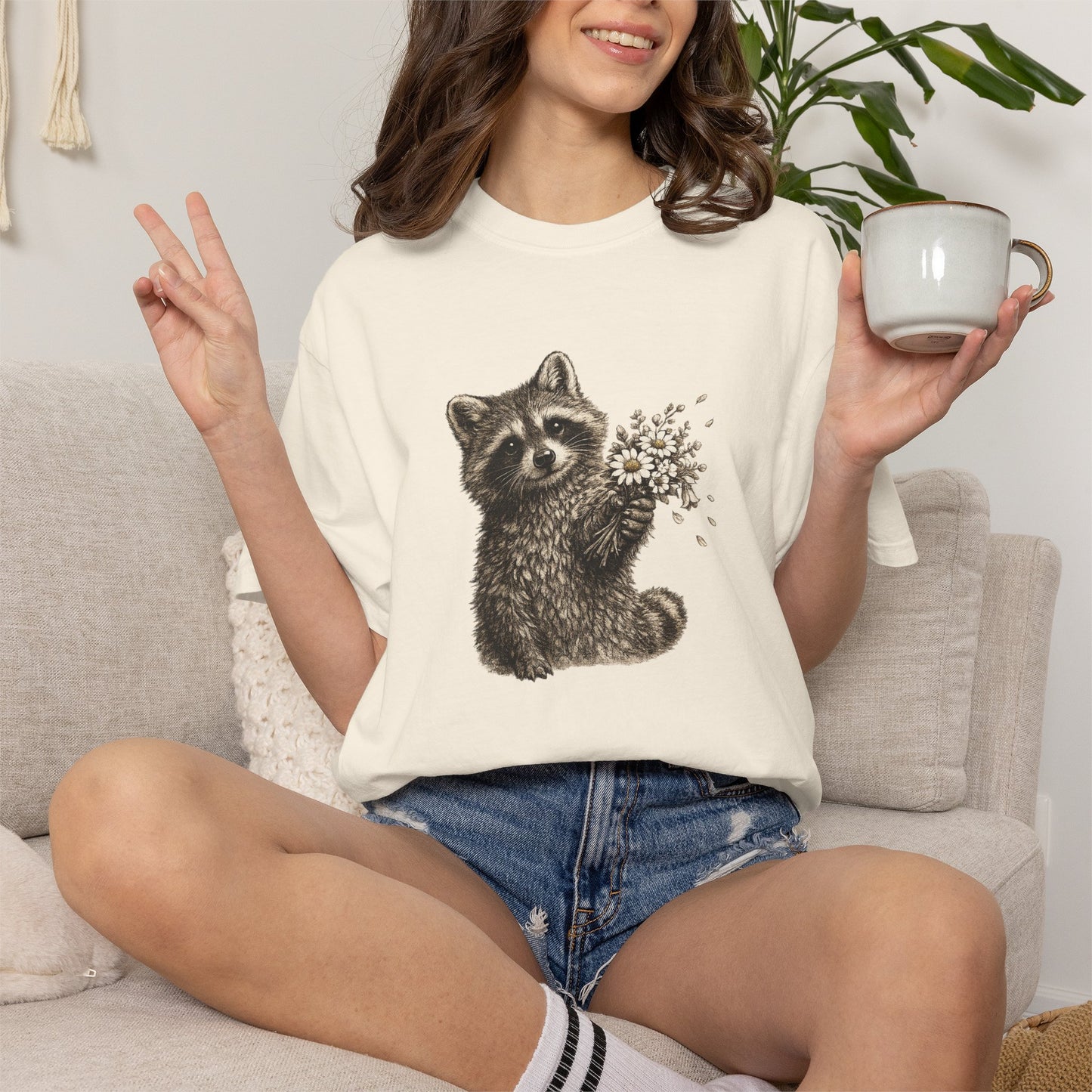 Raccoon with Wildflower Bouquet T-Shirt — Cute Animal Gift Tee