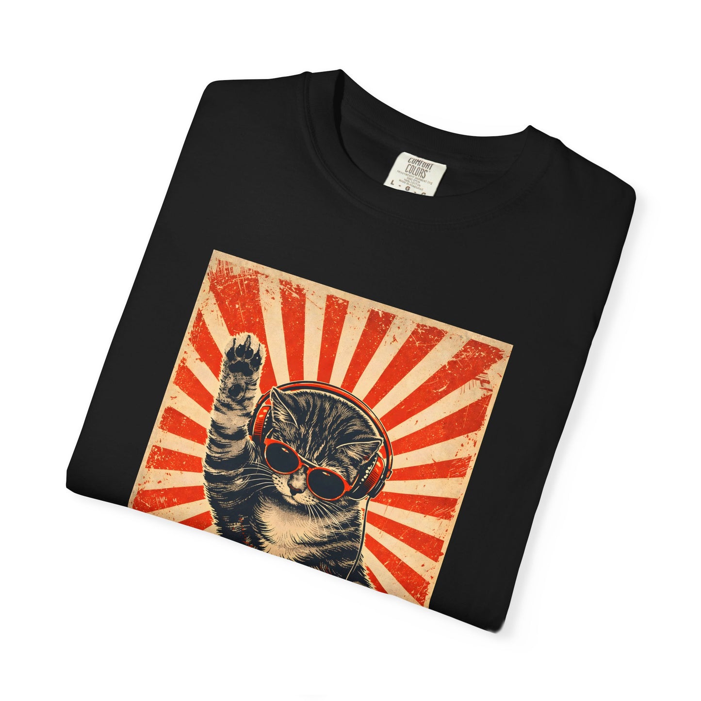Retro DJ Cat T-Shirt — Vintage Sunburst Distressed Poster Design