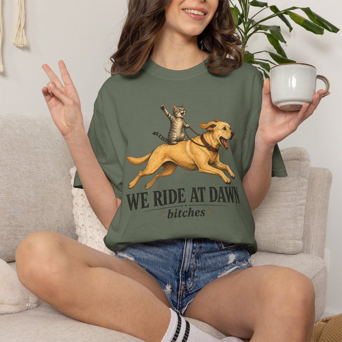 We Ride at Dawn Bitches Funny Cat Riding Dog Shit