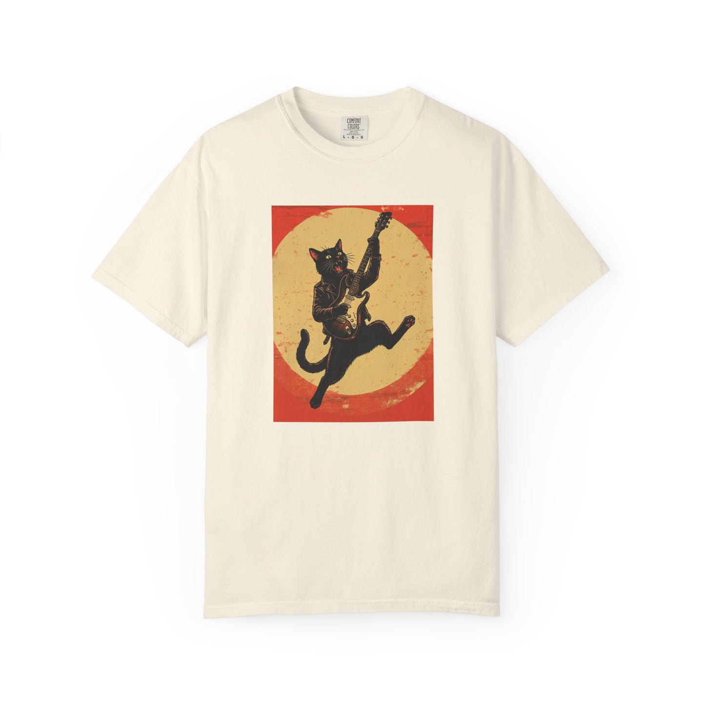Retro Distressed Black Cat Rocker T-Shirt — Jumping Guitar Vintage Tee