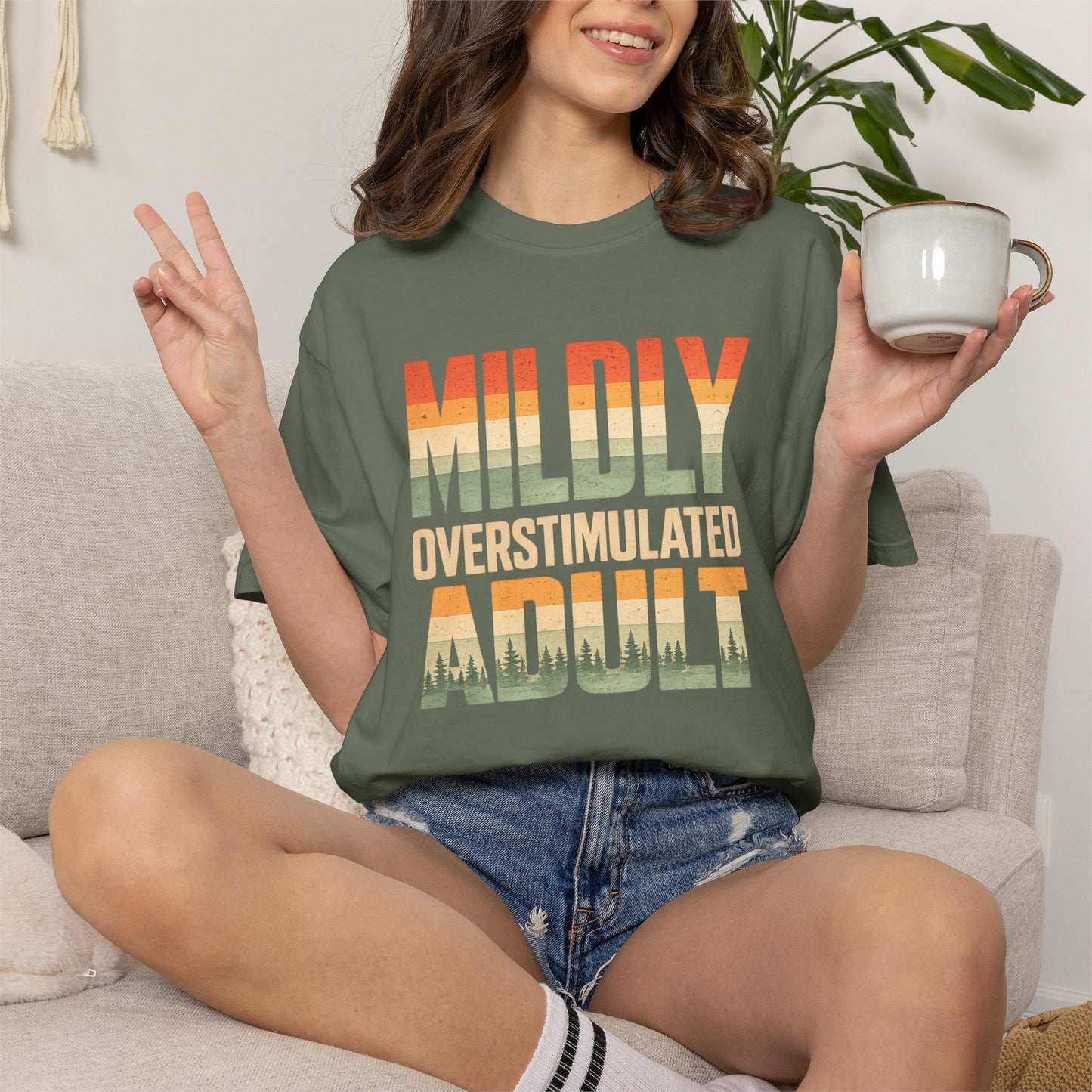 Mildly Overstimulated Adult T-Shirt — Retro Sunset Forest Design