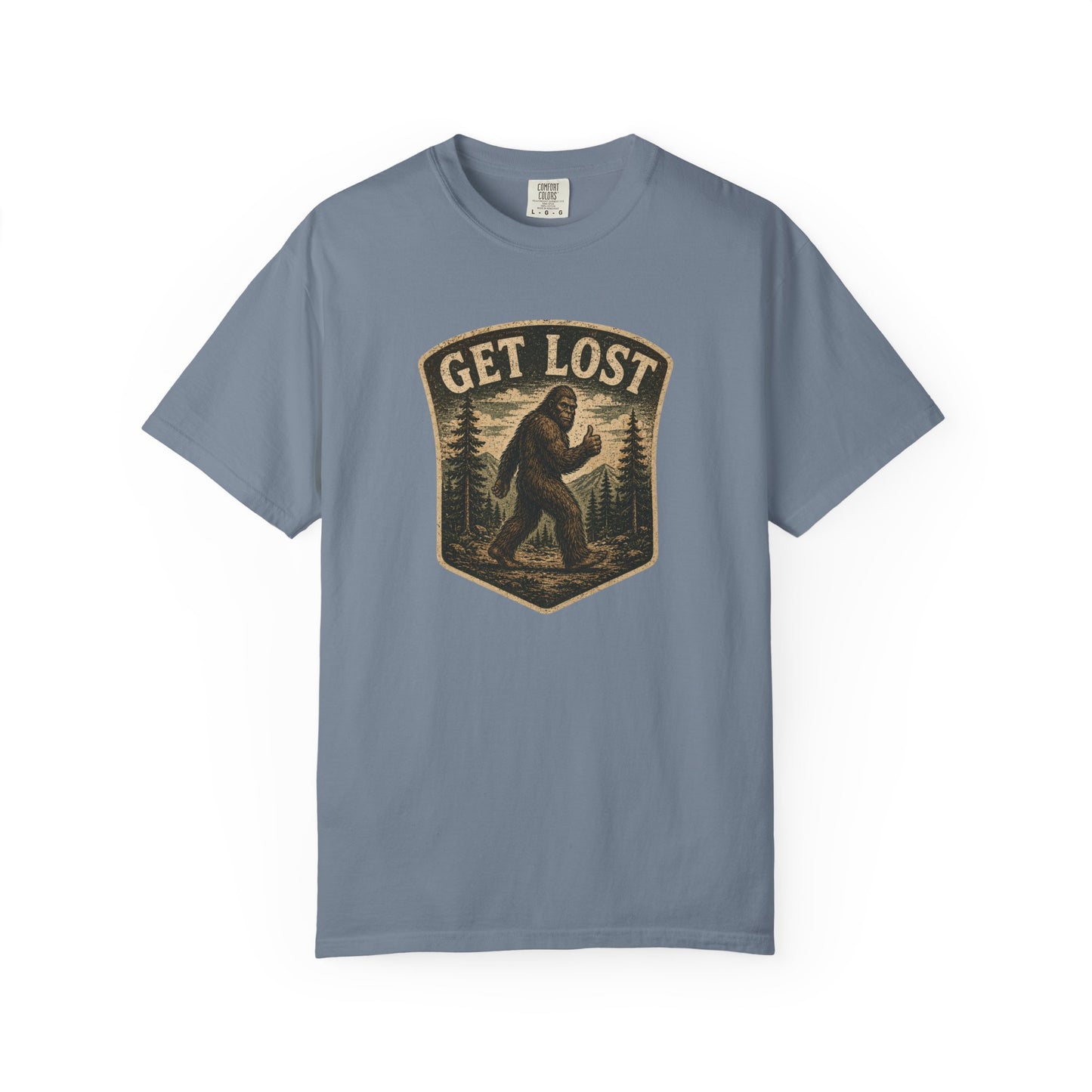 GET LOST Bigfoot Vintage Badge T-shirt — Retro Camping & Hiking Tee