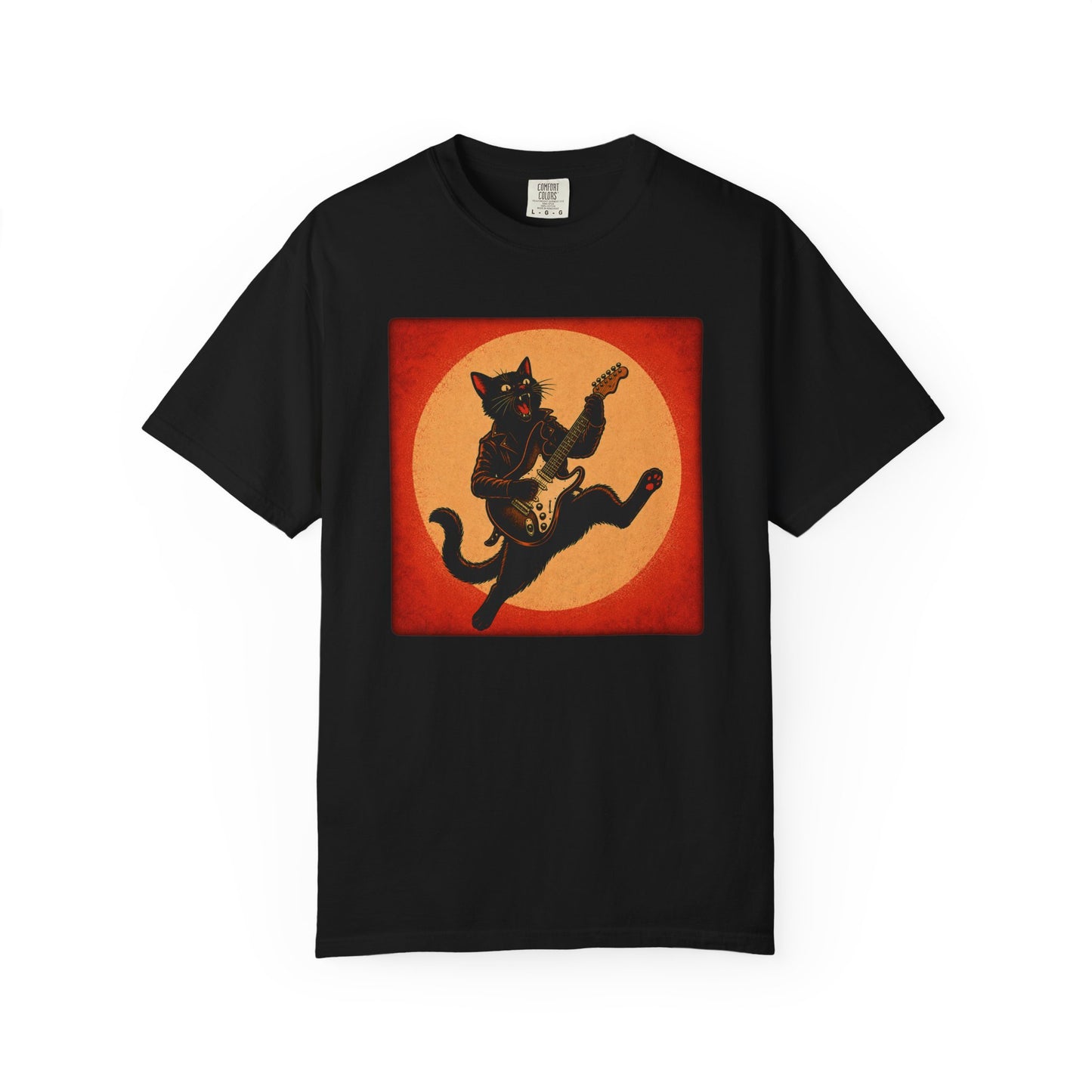 Retro Distressed Black Cat Rocker T-Shirt — Jumping Guitar Vintage Tee
