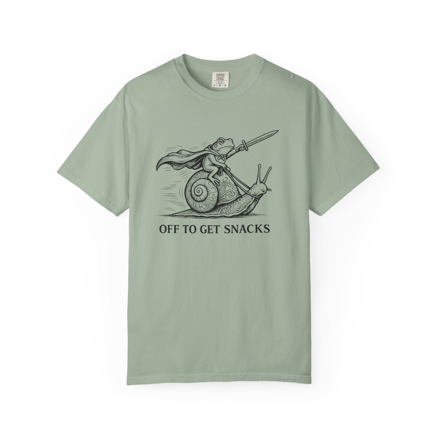 Frog Knight Riding Snail T-Shirt — "OFF TO GET SNACKS"