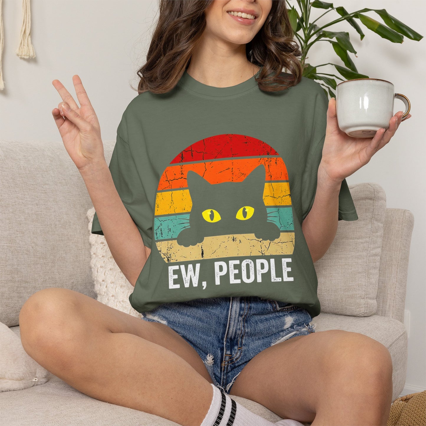 Ew, People Cat T-Shirt — Retro Sunset Graphic for Introverts & Cat Lovers
