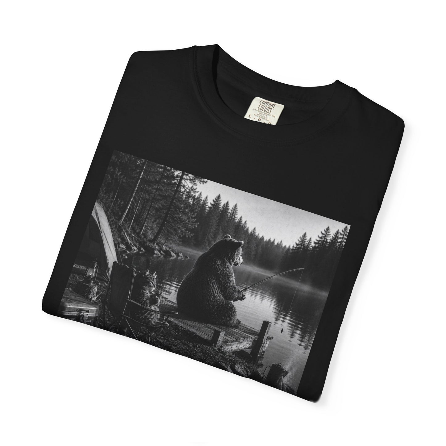 Campground Bear & Cat Fishing T-Shirt — Daytime Camping Scene, 'Coffee & Catch'