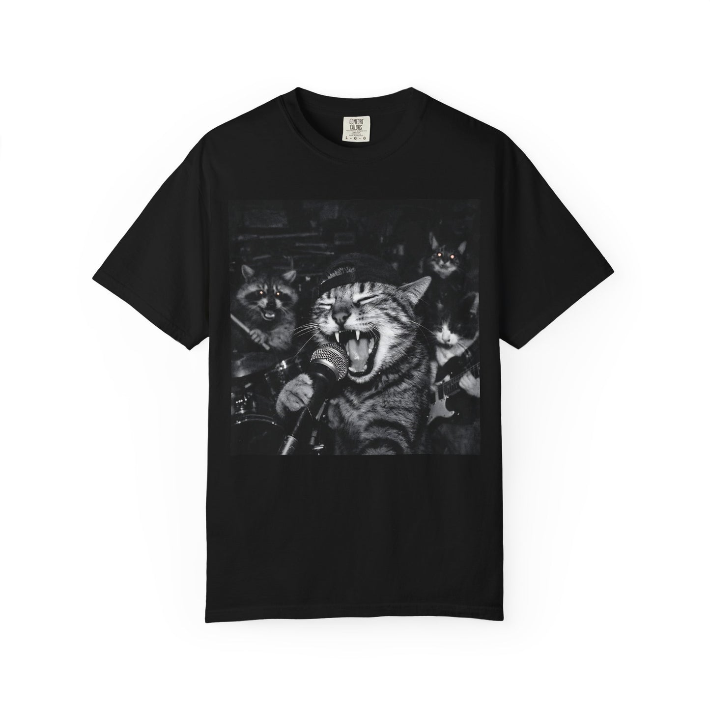 Garage Band Cat T-Shirt – Funny Rock Band Cat Tee – Vintage Punk Animal Shirt – Raccoon & Cat Graphic Tee – Unisex Music Lover Shirt