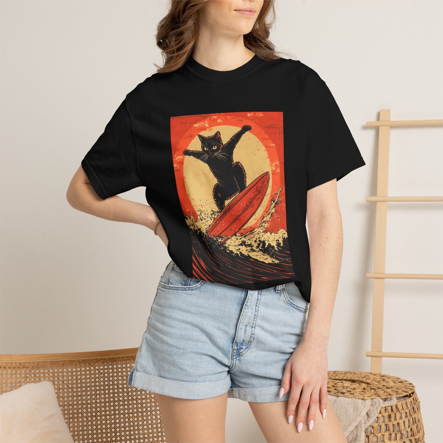 Retro Black Cat Surfing T-Shirt — Vintage Surf Poster Tee