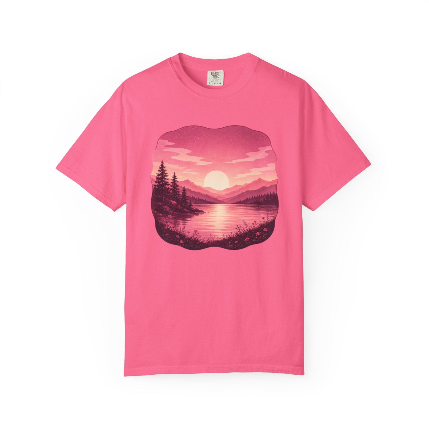 Feminine Lakescape Sunset T-shirt — Pink Outdoor Hiking & Camping Tee
