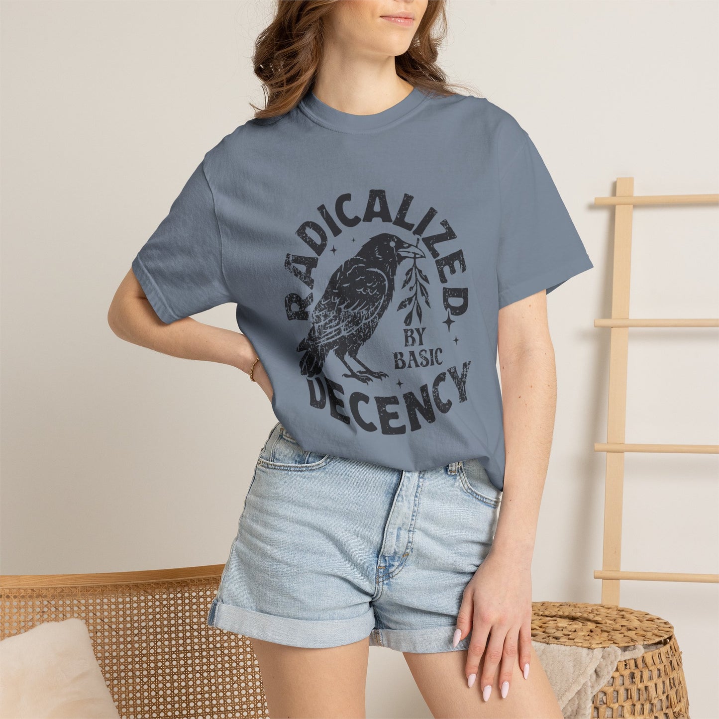 Radicalized by Basic Decency T-Shirt — Vintage Raven Distressed Graphic Tee