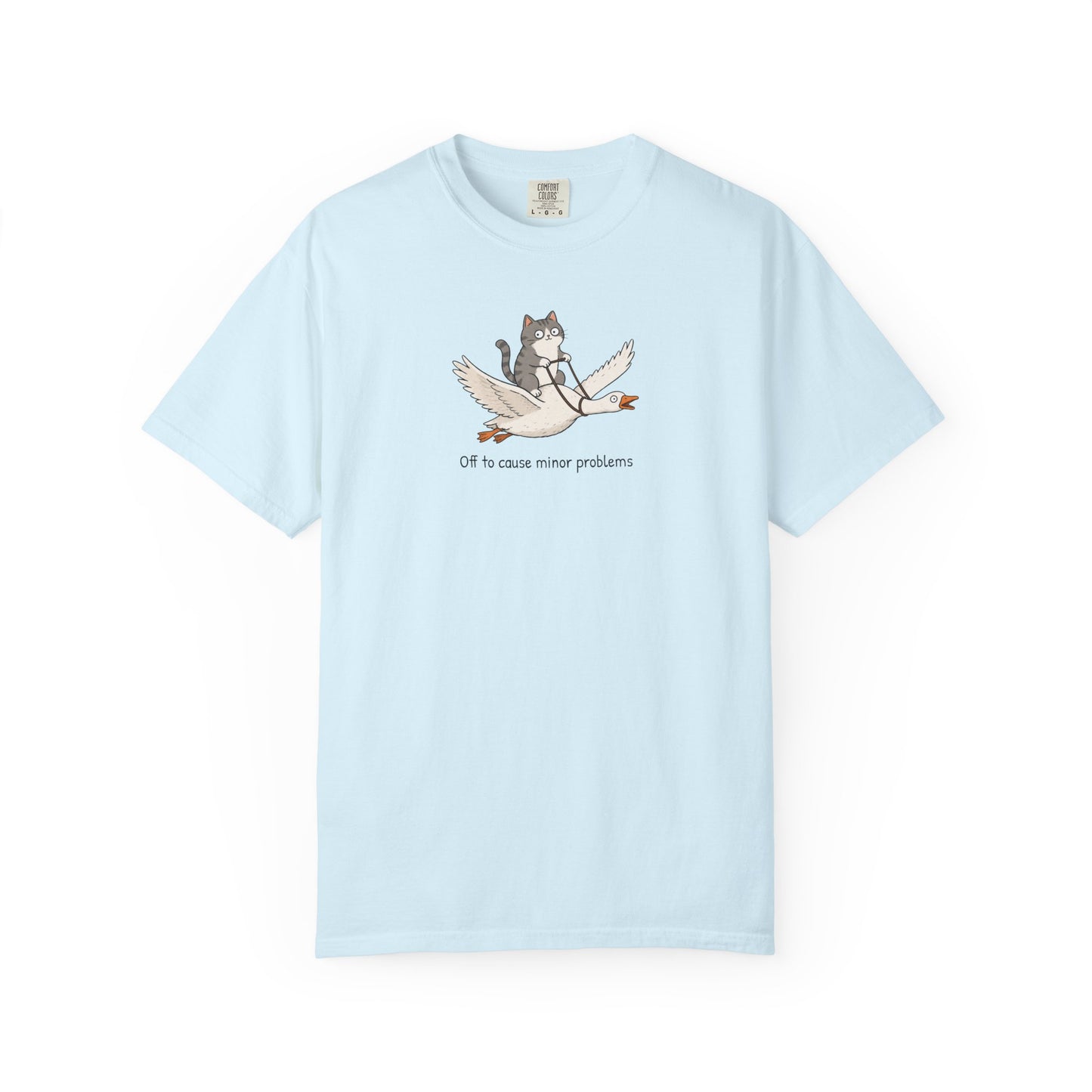 Off to Cause Minor Problems Shirt | Funny Cat Riding Goose Graphic Tee | Cute Comfort Colors® T-Shirt