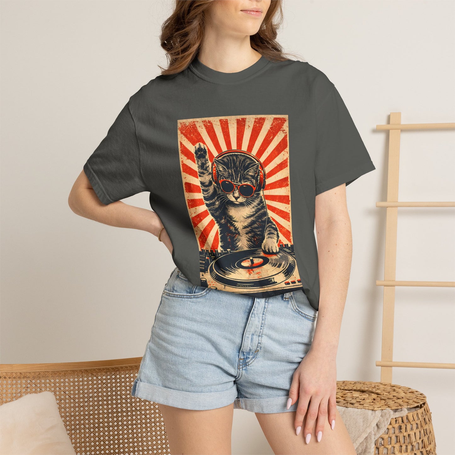 Retro DJ Cat T-Shirt — Vintage Sunburst Distressed Poster Design