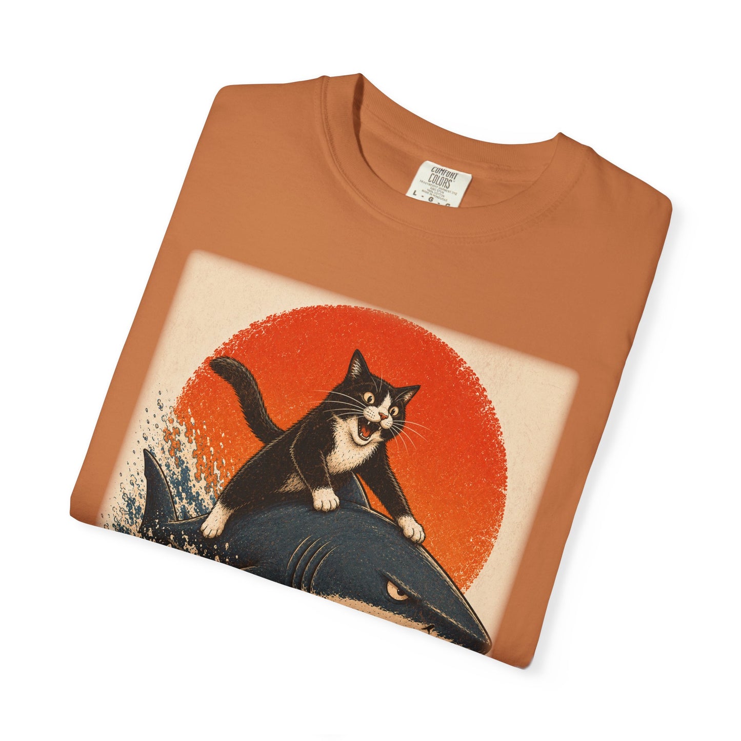 Retro Distressed Cat Riding Shark T-Shirt — Vintage Joyful Cat Surf Design