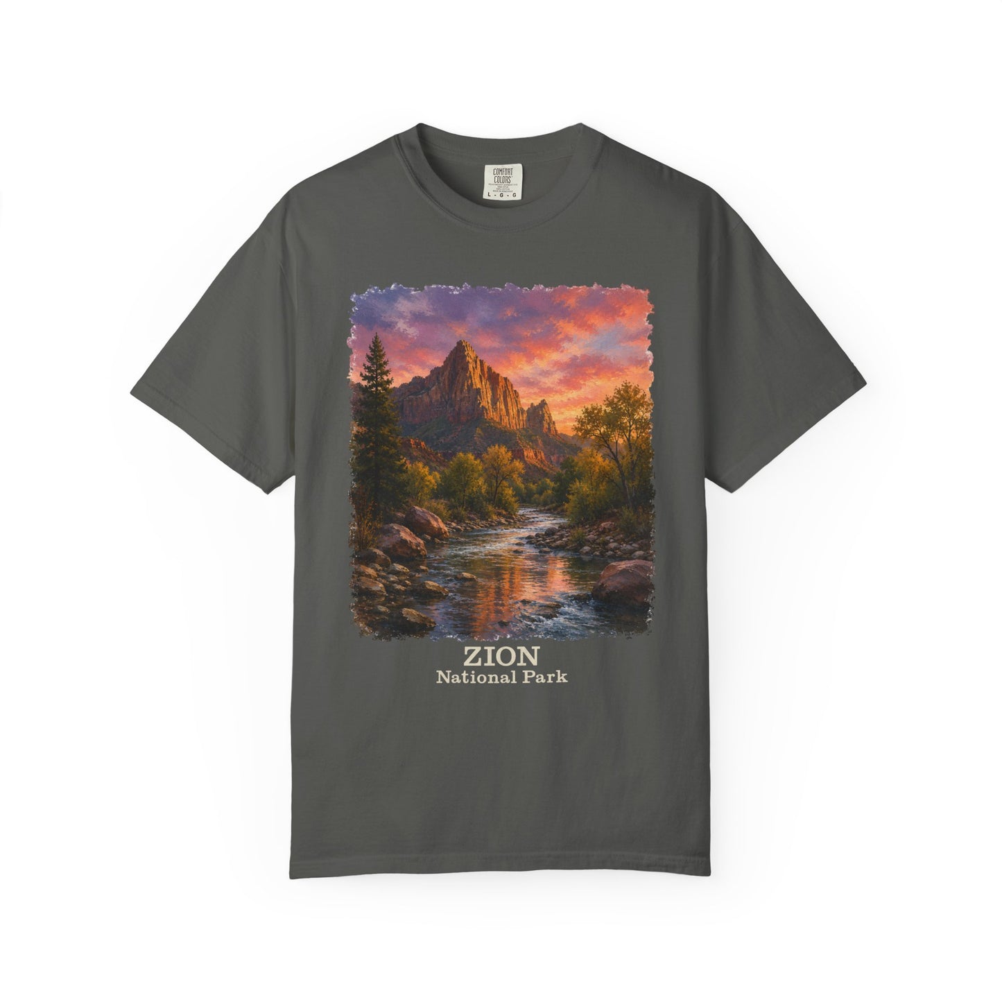 Zion National Park Scenic T-Shirt — Sunset Mountain River The Watchman Graphic Tee