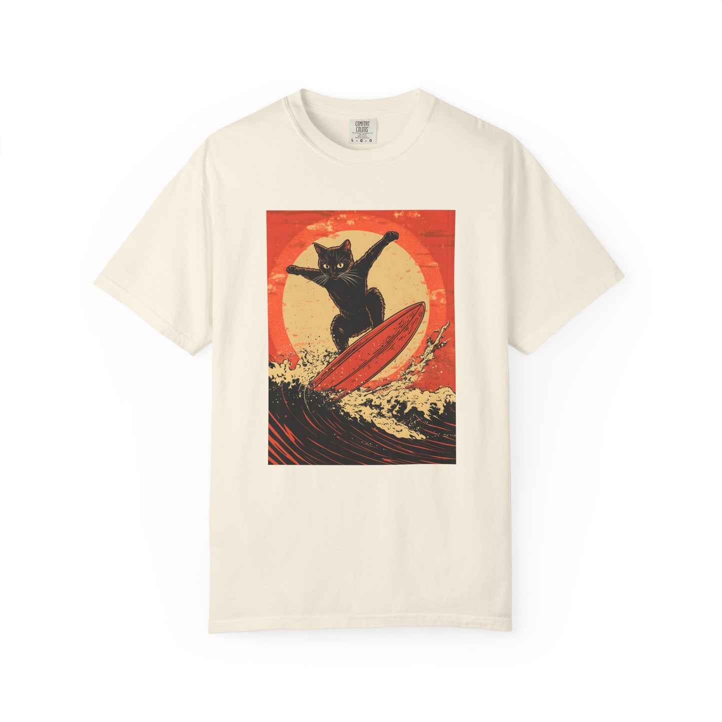 Retro Black Cat Surfing T-Shirt — Vintage Surf Poster Tee