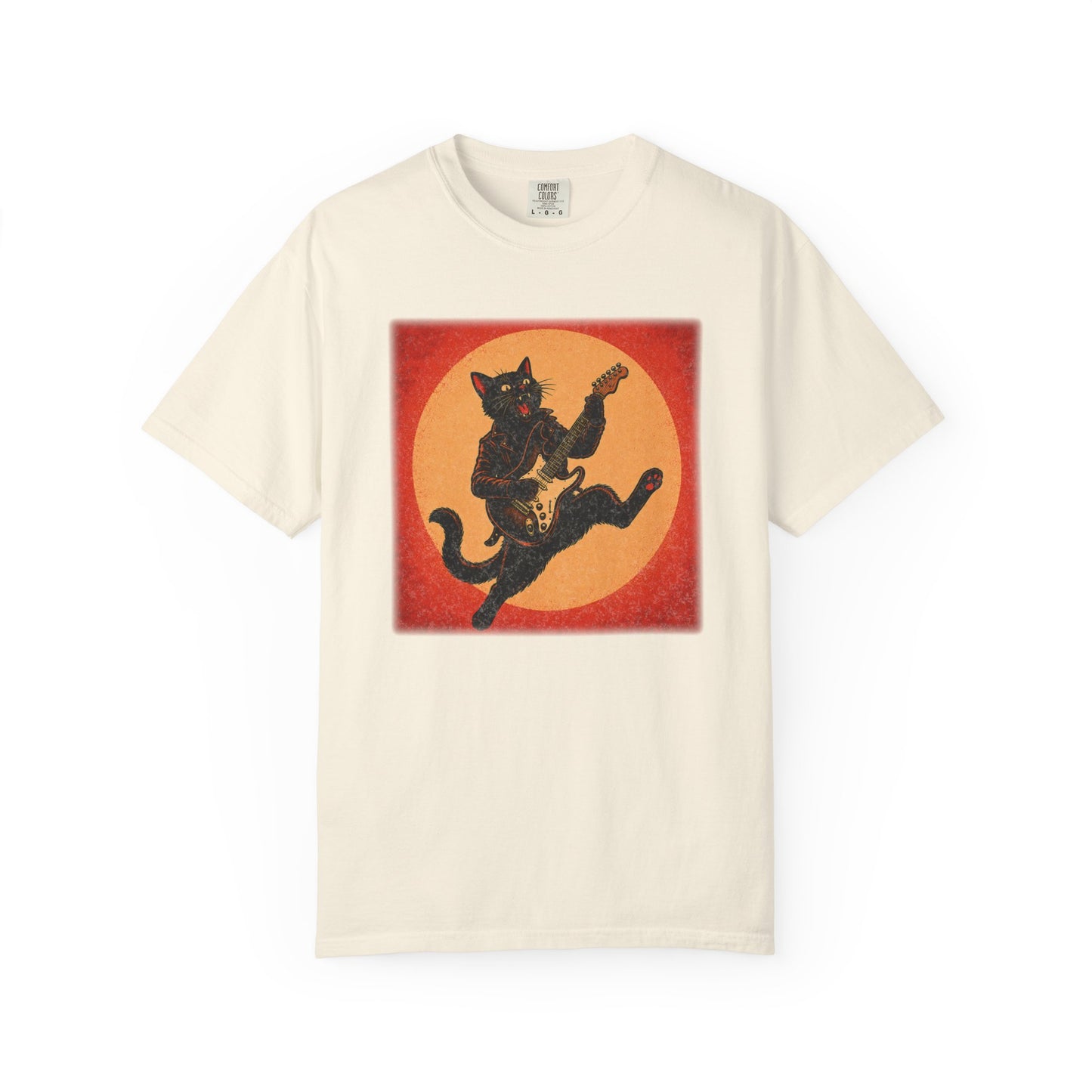 Retro Distressed Black Cat Rocker T-Shirt — Jumping Guitar Vintage Tee