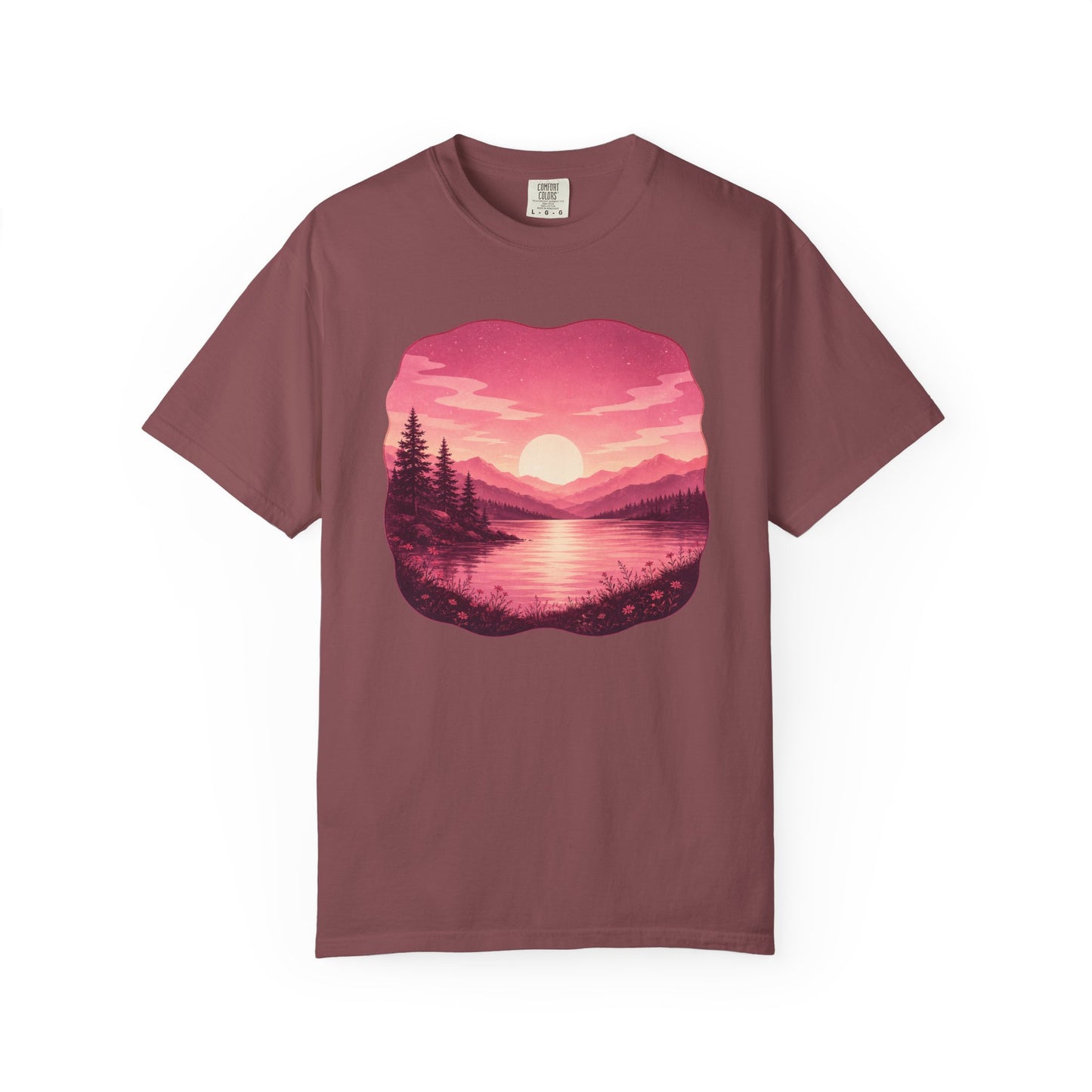 Feminine Lakescape Sunset T-shirt — Pink Outdoor Hiking & Camping Tee