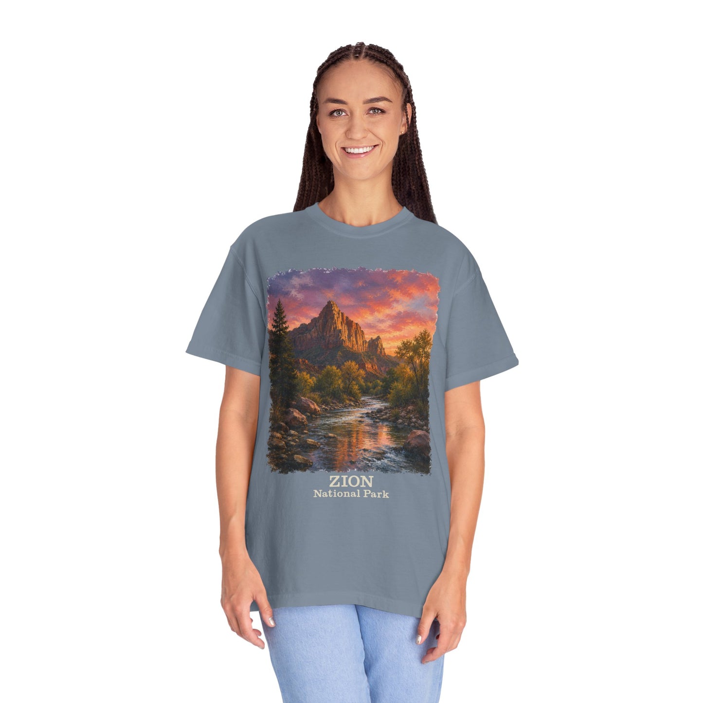 Zion National Park Scenic T-Shirt — Sunset Mountain River The Watchman Graphic Tee