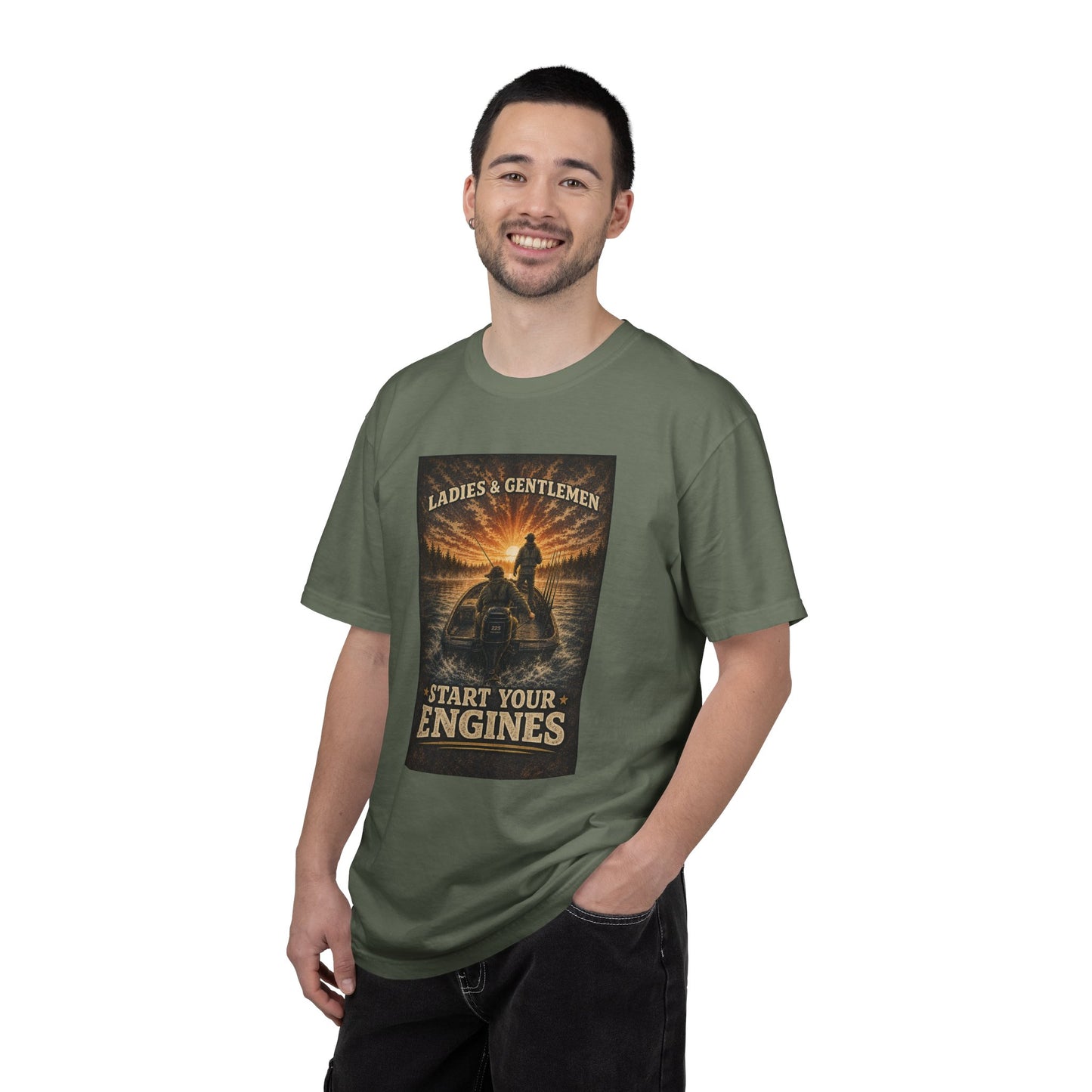 Fishing T-Shirt — "Ladies and Gentlemen, Start Your Engines" Retro Racing Boat Design