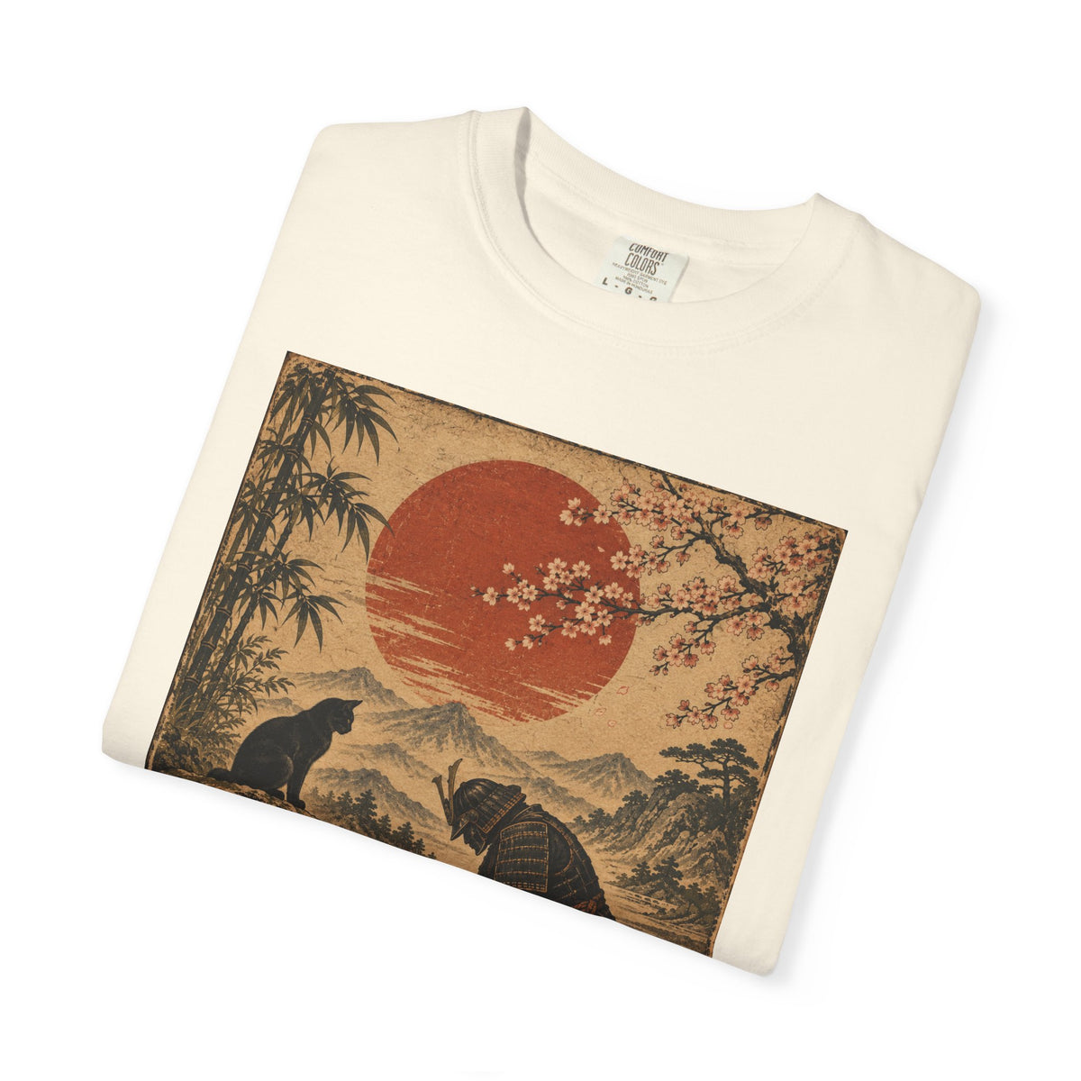 Vintage Japanese-Inspired Samurai & Black Cat Shirt Graphic Tee