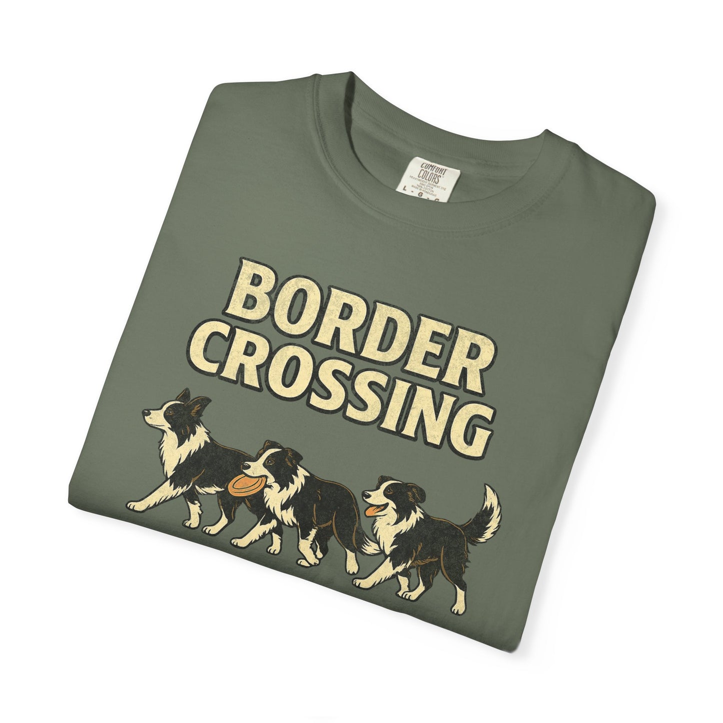 Vintage Graphic Border Collie 'Border Crossing' T-Shirt, Funny Gift for Border Collie and Dog Lovers