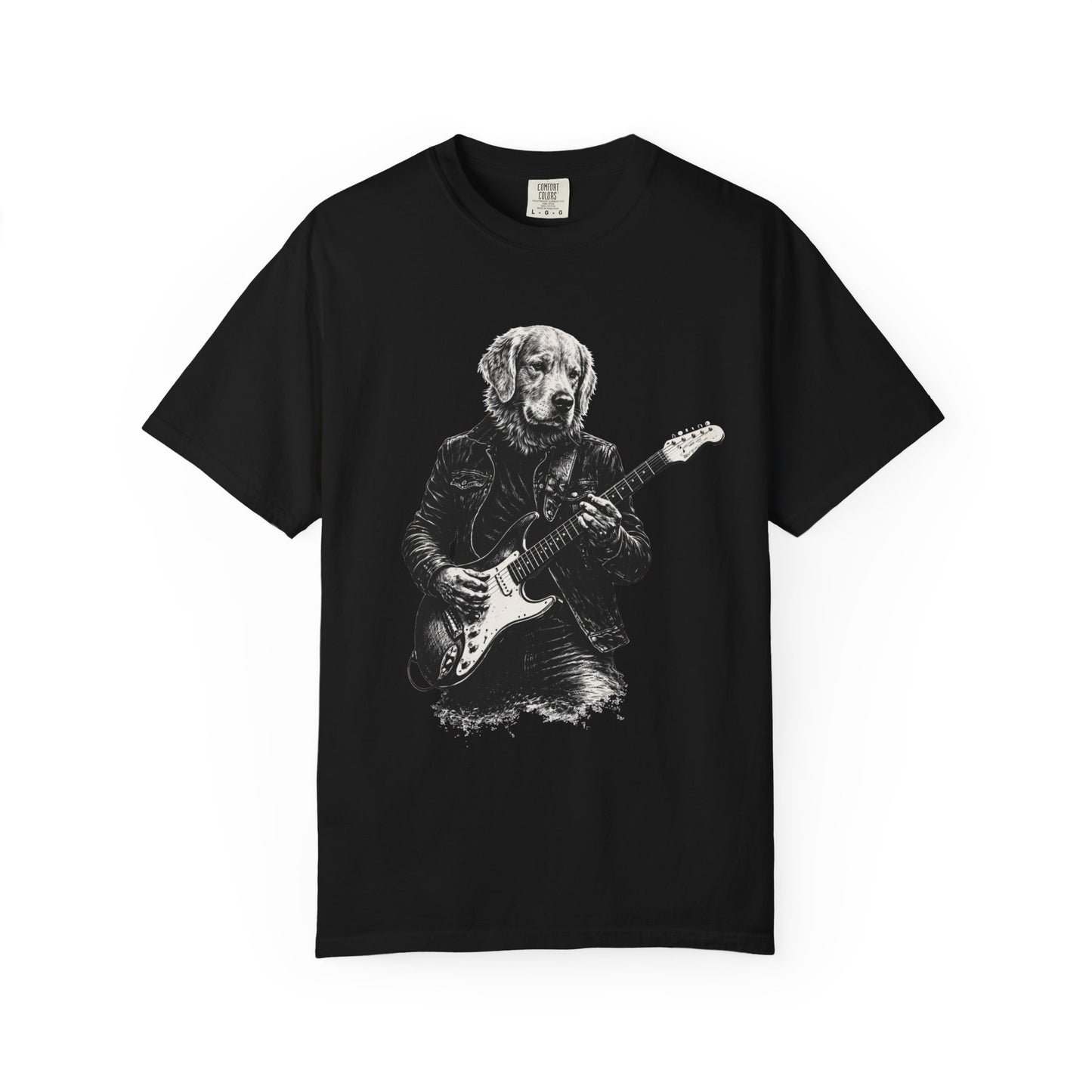 Golden Retriever Guitar Tee — Golden Playing Electric Guitar Design