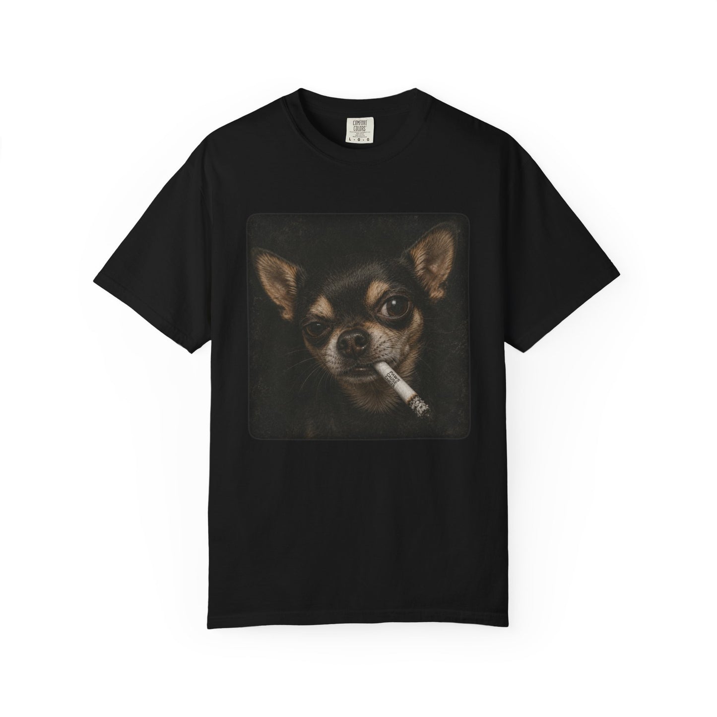 Tough Side-Eye Chihuahua T-Shirt — Distressed Photo Realistic ’Paws Cause Cancer’ Design
