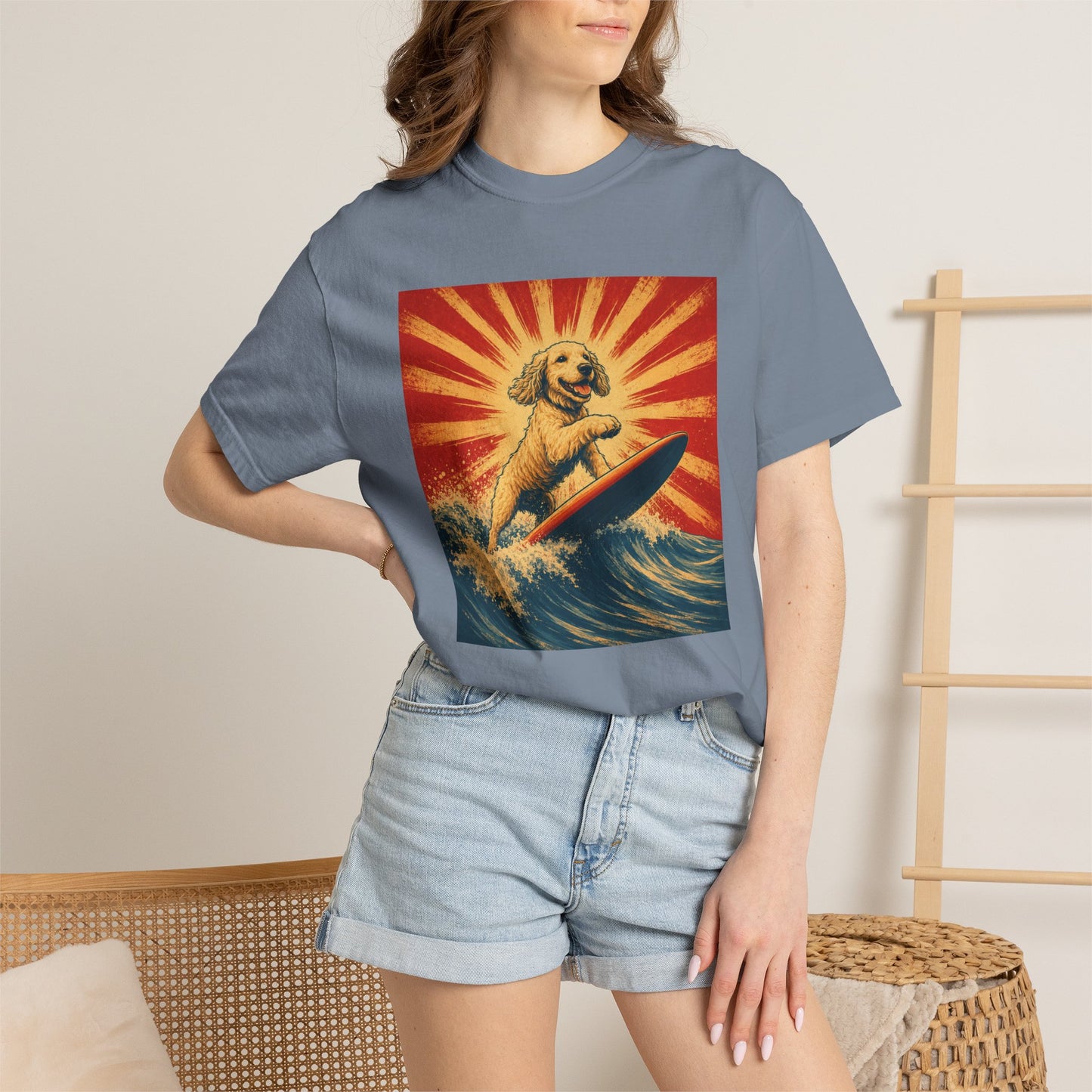 Retro Surfing Doodle Dog T-Shirt | Vintage Beach Dog Graphic Tee | Funny Coastal Summer Shirt