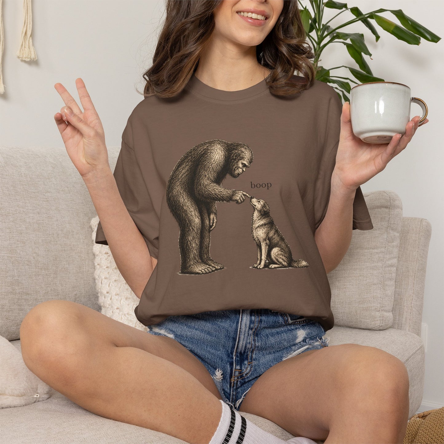 Bigfoot Booping Dog T-Shirt — Funny Sasquatch Tee for Dog Lovers