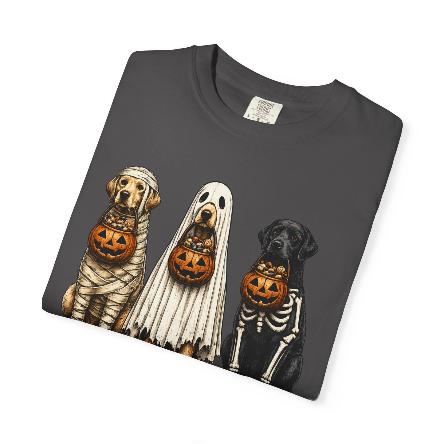 Halloween Dogs T-Shirt — Puppies in Costumes with Jack-O'-Lantern Candy Buckets