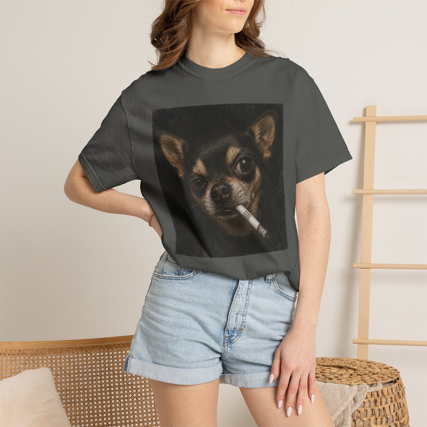 Tough Side-Eye Chihuahua T-Shirt — Distressed Photo Realistic ’Paws Cause Cancer’ Design