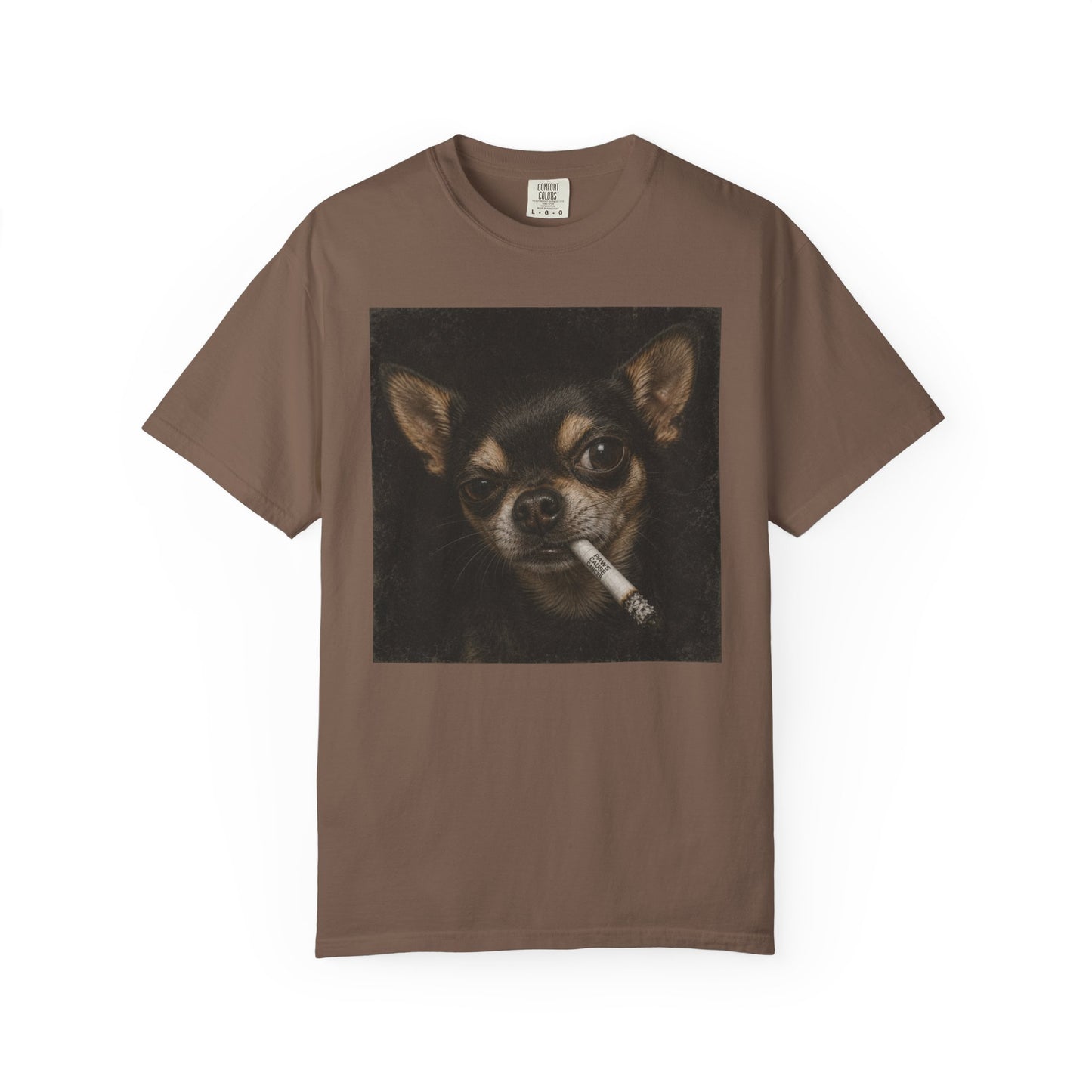 Tough Side-Eye Chihuahua T-Shirt — Distressed Photo Realistic ’Paws Cause Cancer’ Design
