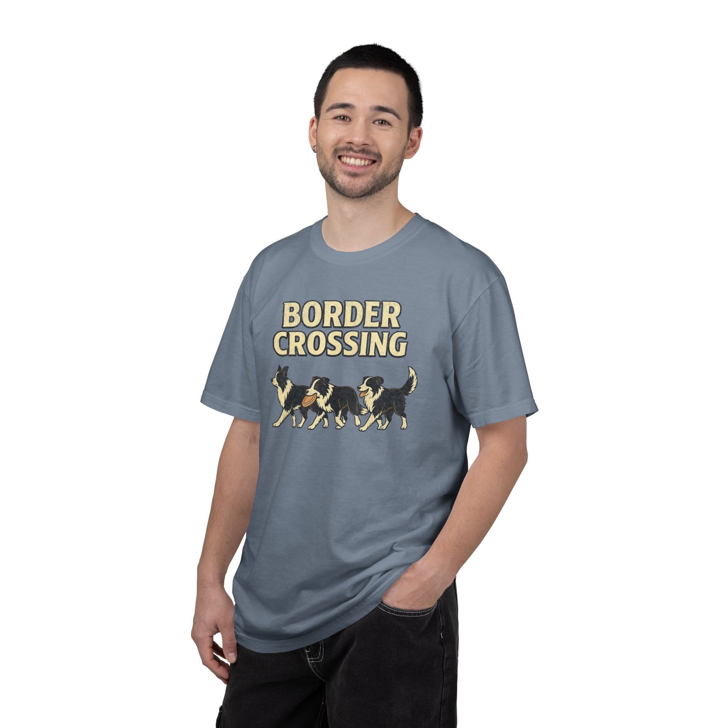 Vintage Graphic Border Collie 'Border Crossing' T-Shirt, Funny Gift for Border Collie and Dog Lovers